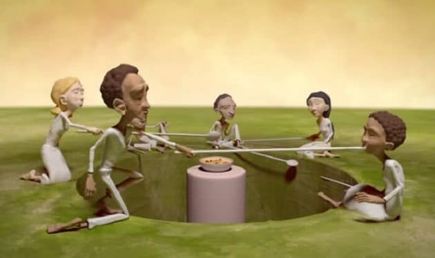 L’allégorie des longues cuillères: nourrir le monde par le partage campagne, nourriture, tous